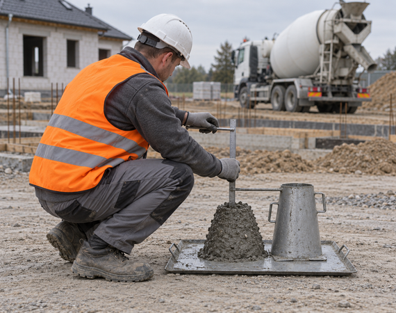 Badanie konsystencji betonu metodą stożka opadu