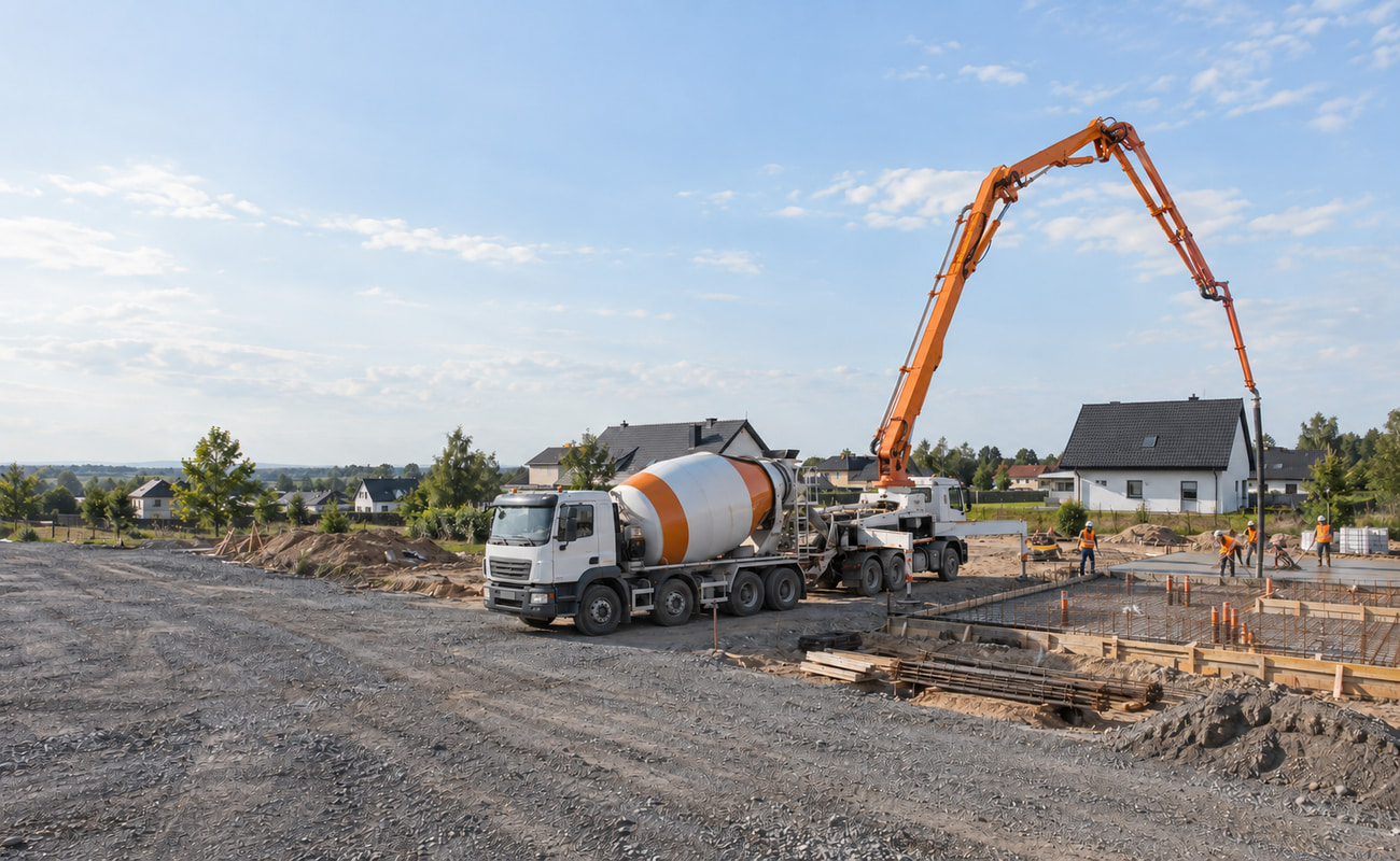 Betonowóz i pompa podczas podawania betonu